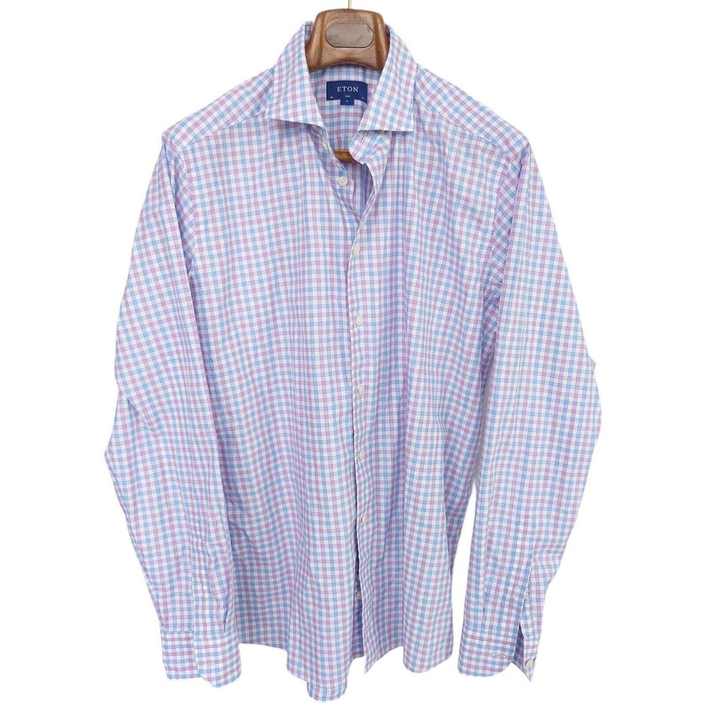 ETON Men's Slim Fit Button Down Shirt Twill 17.5 Pale Blue / Purple /White Check